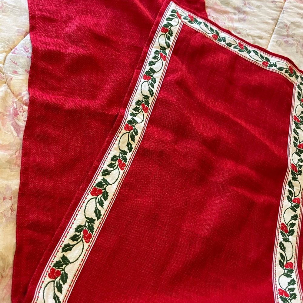 Vintage handmade holiday table runner 52” long holly and burlap